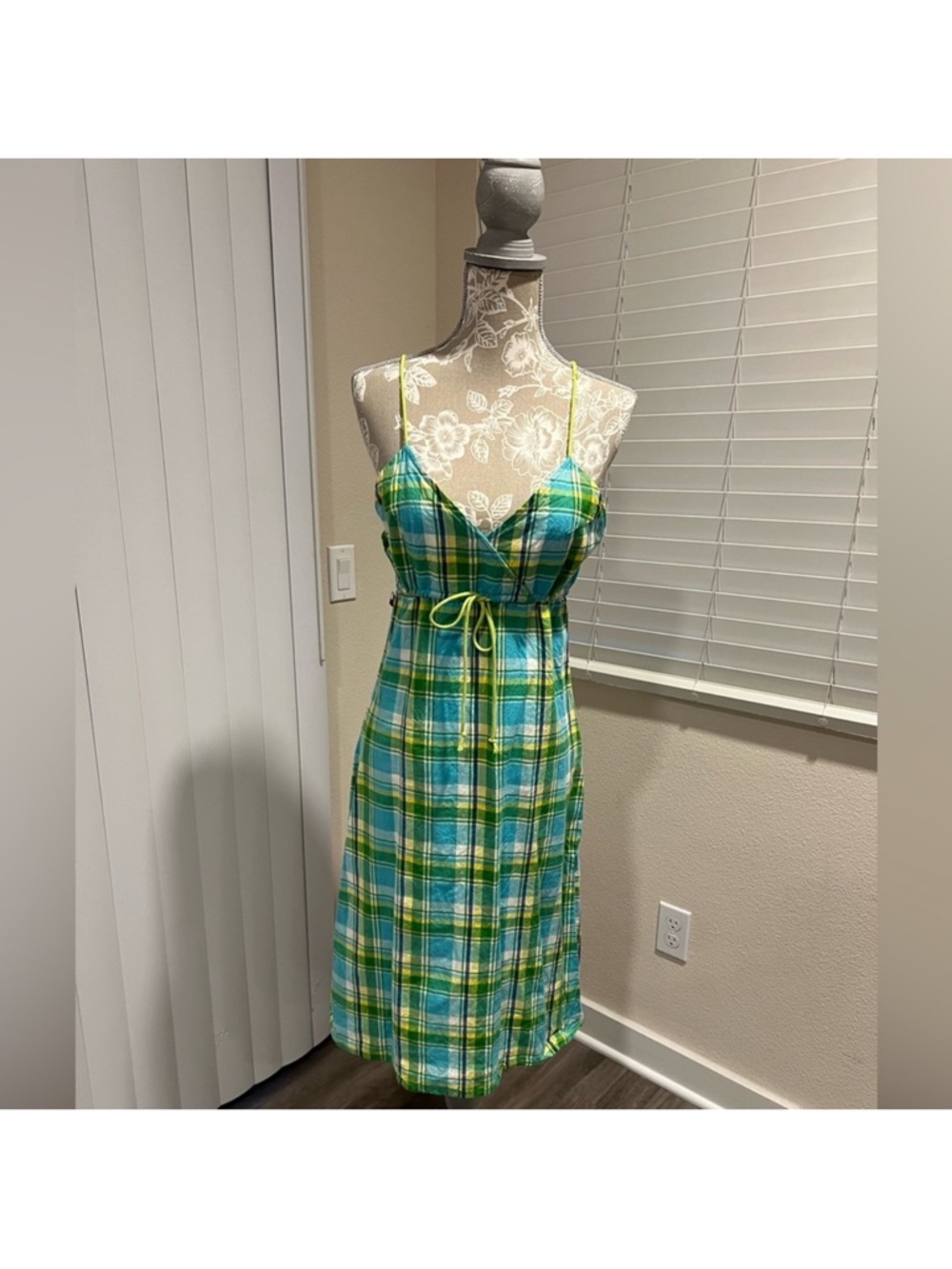 Tommy Hilfiger Green Plaid Midi Dress with Spaghetti Straps